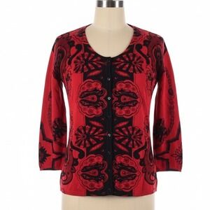 Elizabeth New York Cardigan Red Black Paisley Petite L Embellished Boho‎ Chic